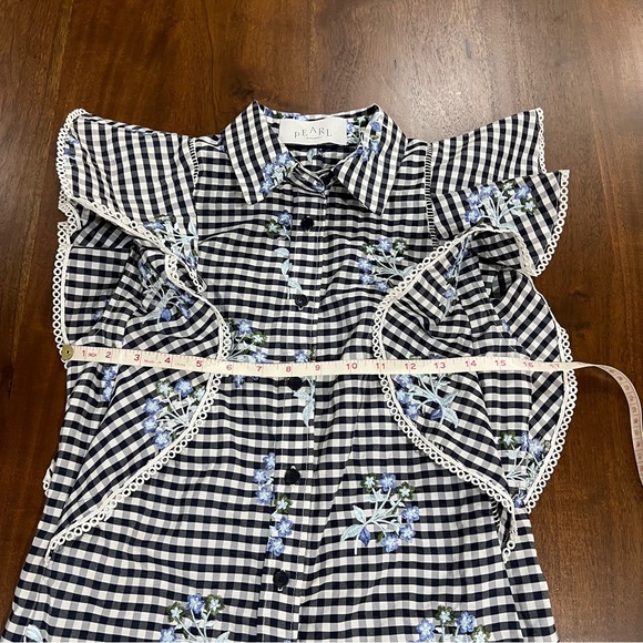 Pearl Lela Rose Poplin Flutter Sleeve Floral Gingham Top Size XS - Picture 6 of 7
